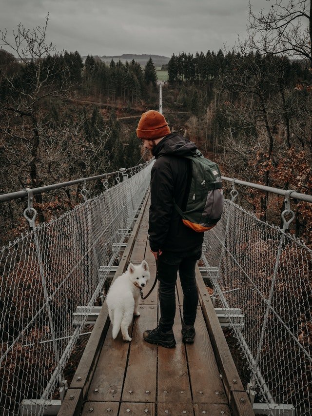 A ma standing with white swiss shepherd