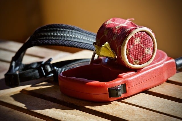 A red leash placed over a wooden table